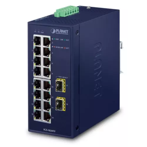 obrázek produktu PLANET TECHNOLOGY Switch, průmyslový, 16x 1Gb, 2x SFP, dual 12-48V DC, 24V AC, -40~+75°C, fanless