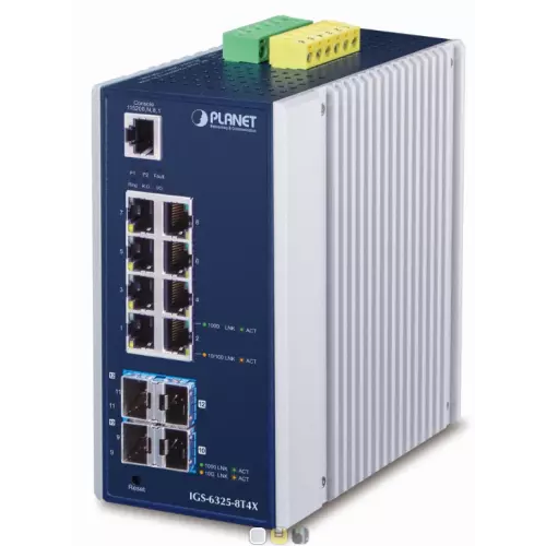 obrázek produktu PLANET TECHNOLOGY Switch L3, průmyslový, 8x 1Gb RJ-45, 4x 10Gb SFP+, IP30, fanless, managed