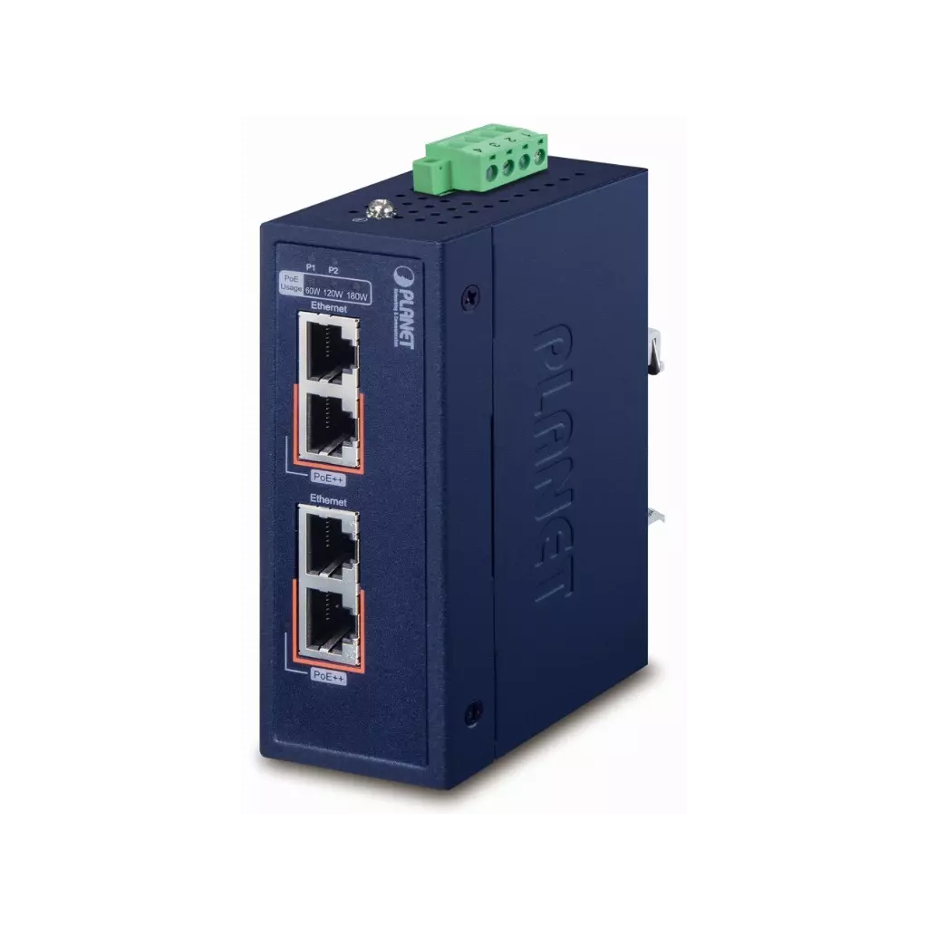 Obrázek produktu PLANET TECHNOLOGY PoE injektor, průmyslový, 2x port, 4x 1/2.5/5Gb, 2x 802.3bt 180W, DIN, IP30, -40 až +75°C,