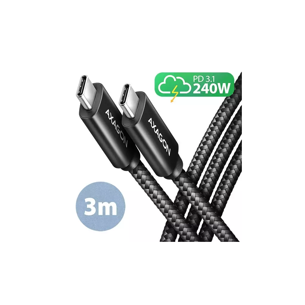 Obrázek produktu AXAGON BUCM2-CM30AB, CHARGE kabel USB-C <-> USB-C, 3m, Hi-Speed USB, PD 240W 5A, ALU, oplet, černý