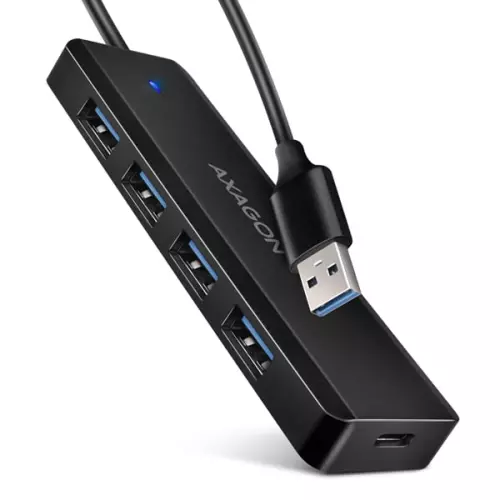 obrázek produktu AXAGON HUE-C1A, 4x USB 5Gbps TRAVEL hub, USB-C napájecí konektor, kabel USB-A 19cm