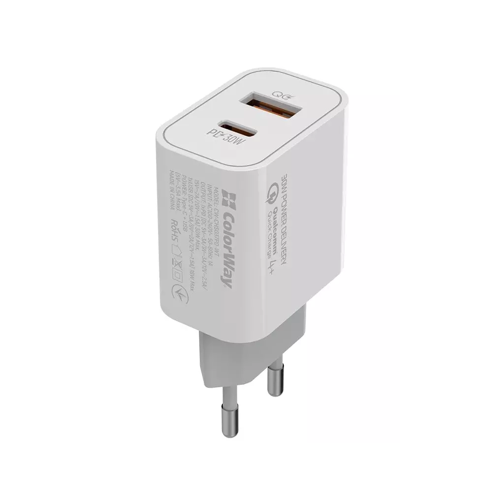 Obrázek produktu ColorWay CW-CHS037PD-WT, 1x USB a 1x USB-C, 30W, bílá - bílá