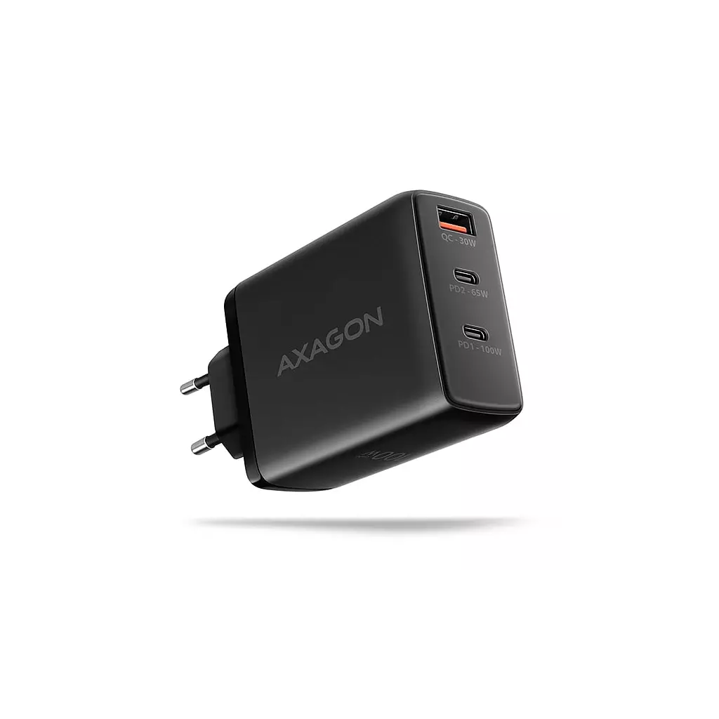 Obrázek produktu AXAGON ACU-DPQ100, GaN nabíječka do sítě 100W, 3x port (USB-A + dual USB-C), PD3.0/PPS/QC4+/Apple - černá