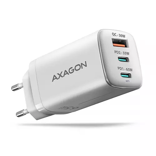 obrázek produktu AXAGON ACU-DPQ65W, GaN nabíječka do sítě 65W, 3x port (USB-A + dual USB-C), PD3.0/QC4+/PPS/Apple - bílá
