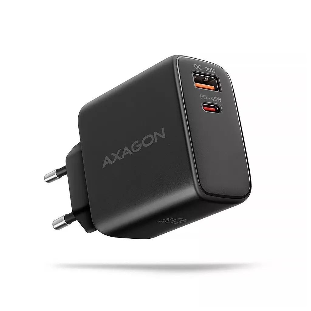Obrázek produktu AXAGON ACU-PQ45 GaN nabíječka do sítě 45W, 2x port (USB-A + USB-C), PD3.0/PPS/QC4+/SFC 2.0/AFC/Apple - černá