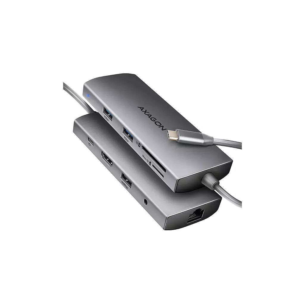 Obrázek produktu AXAGON HMC-8HLSA, USB 5Gbps hub, 3x USB-A, HDMI 4k/60Hz, RJ-45 GLAN, SD/microSD, audio, PD 100W - stříbrná