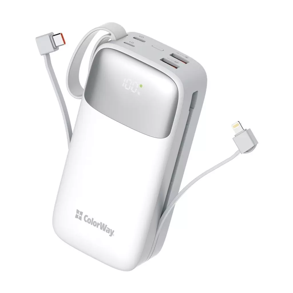 Obrázek produktu ColorWay powerbanka 30 000mAh, 1x USB QC3.0/ USB-C/ Lightning/ 22,5W/ Bílá - bílá