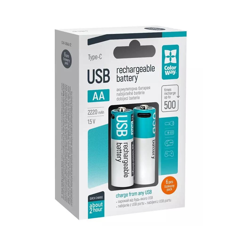 Obrázek produktu ColorWay nabíjecí baterie AA 2200mAh/ USB-C/ 1.5V/ 6ks v balení