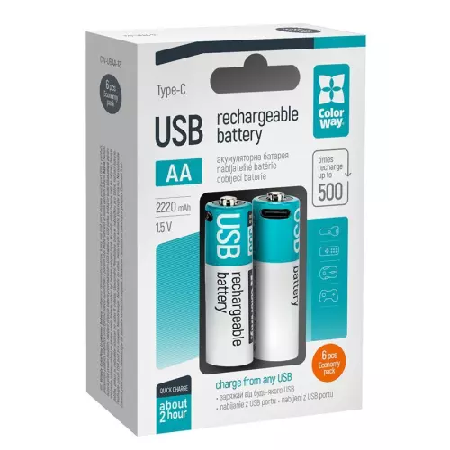 obrázek produktu ColorWay nabíjecí baterie AA 2200mAh/ USB-C/ 1.5V/ 6ks v balení