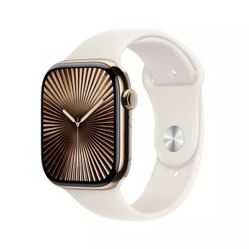 obrázek produktu Apple Watch Series 10 GPS + Cellular 42mm Gold Titanium Case with Starlight Sport Band - M/L (MX073QC/A)