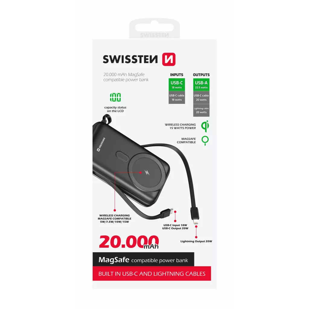Obrázek produktu SWISSTEN powerbank 20000 mAh PD 22,5W s integrovanými kabely USB-C A LIGHTNING (kompatibilní s MagSafe)  - černá