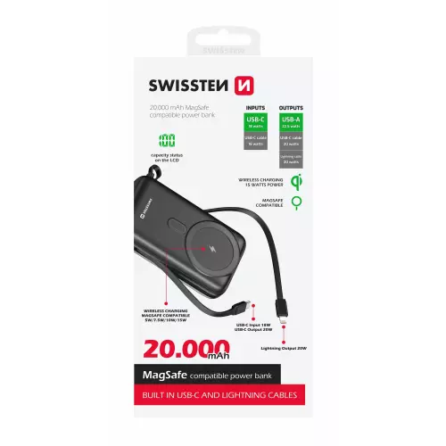 obrázek produktu SWISSTEN powerbank 20000 mAh PD 22,5W s integrovanými kabely USB-C A LIGHTNING (kompatibilní s MagSafe)  - černá