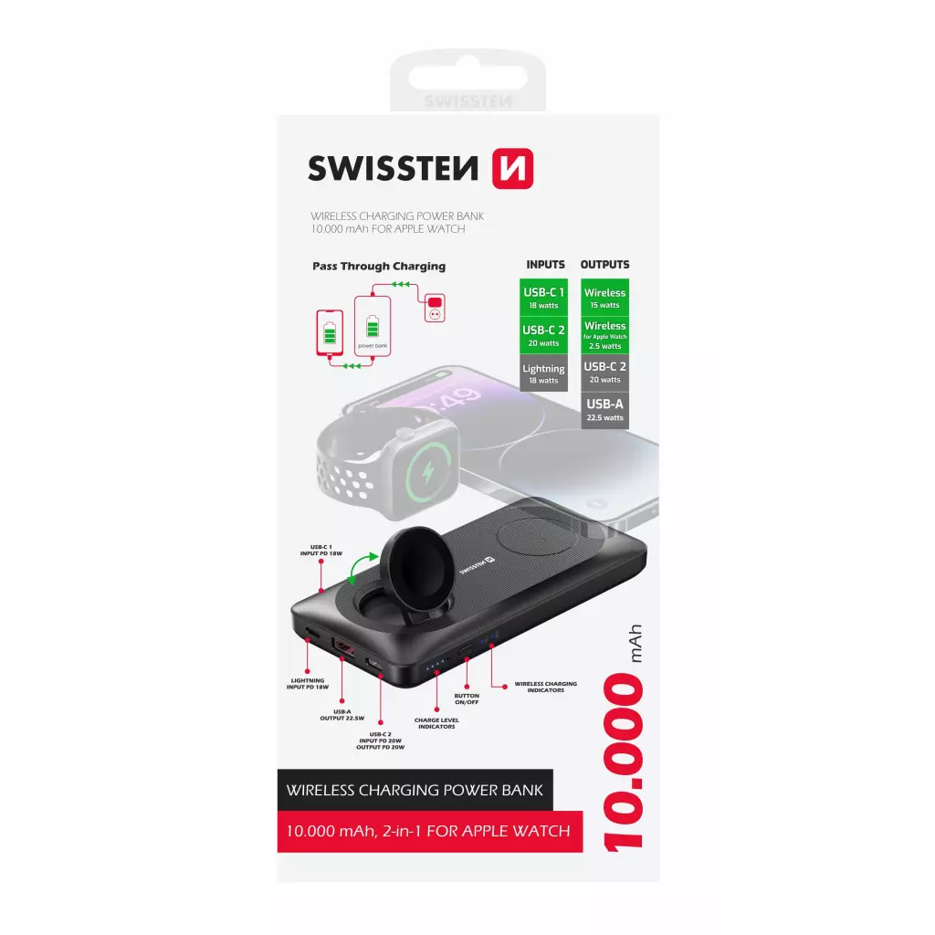 Obrázek produktu SWISSTEN powerbank 10000 mAh 2v1 PRO Apple Watch a MagSafe - černá