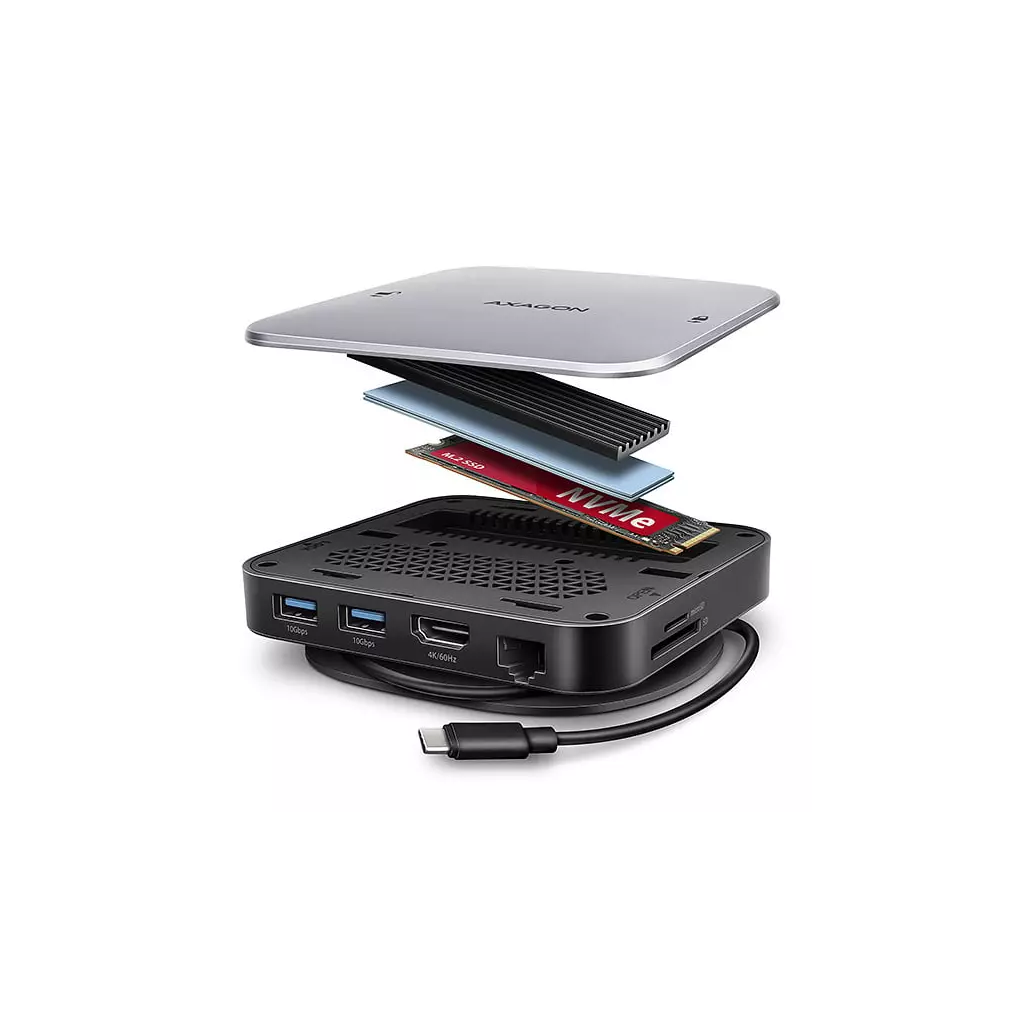 Obrázek produktu AXAGON HMC-UFO, USB 10Gbps hub, 2x USB-A, USB-C, HDMI 4k/60, RJ-45, M.2 slot, SD/mSD, audio, PD
