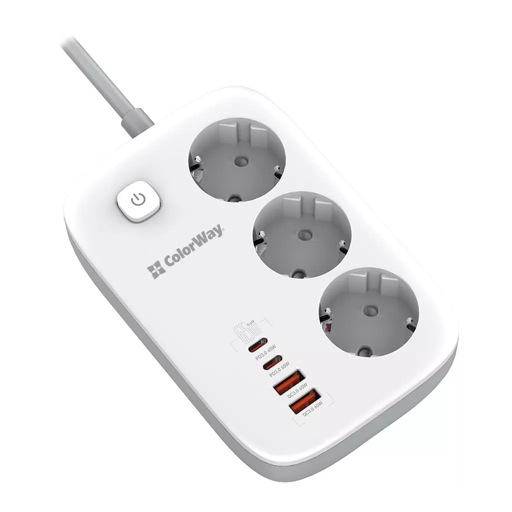 Obrázek produktu ColorWay Prodlužovací napájecí přívod/ 3x Schuko/ 2x USB-A 60W/ 2x USB-C 65W/ kabel 2m