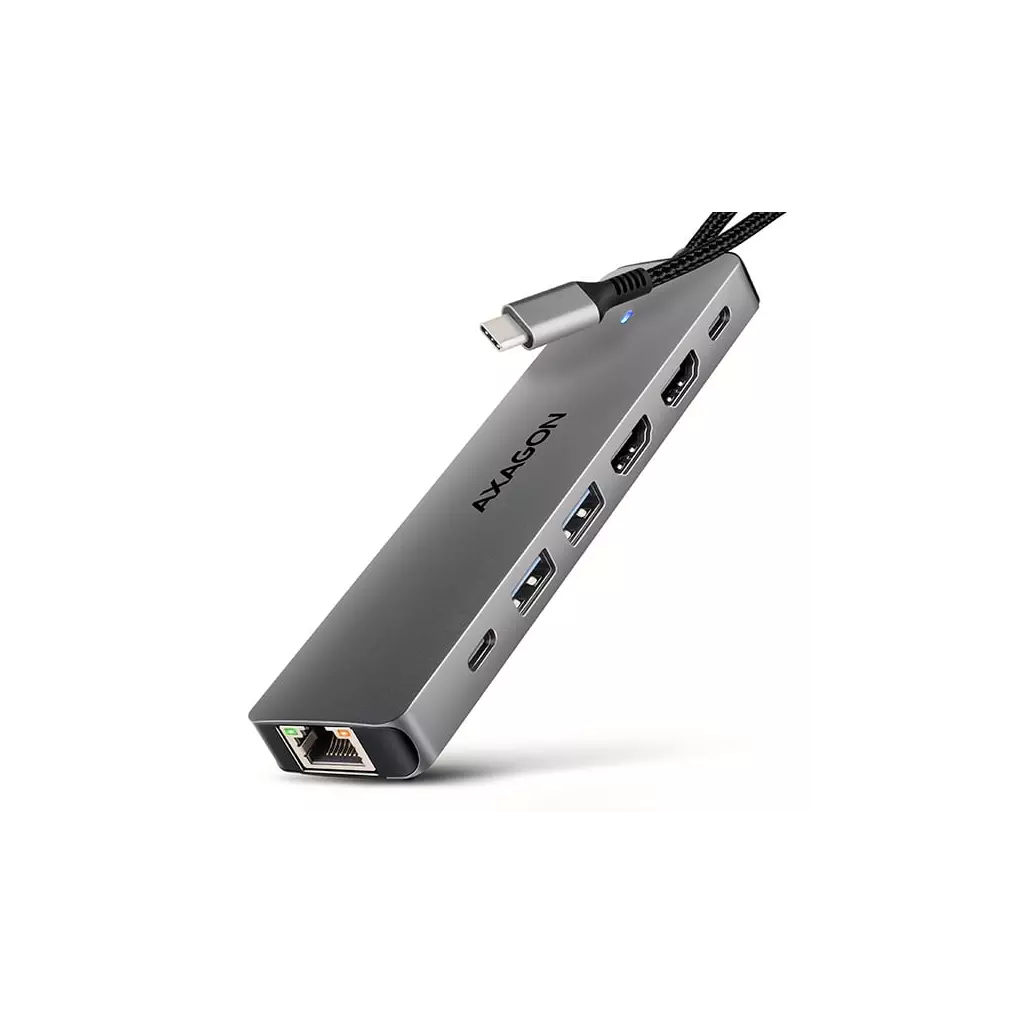 Obrázek produktu AXAGON HMC-7HX2, USB 5Gbps hub, 2x USB-A, USB-C, 2x HDMI 4k/60Hz, RJ-45 GLAN, PD 100W, kabel 15cm