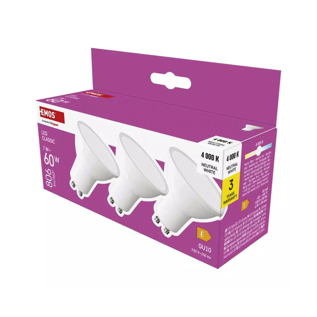 Obrázek produktu Emos LED žárovka Classic MR16 / GU10 / 7 W (60 W) / 806 lm / neutrální bílá 3ks