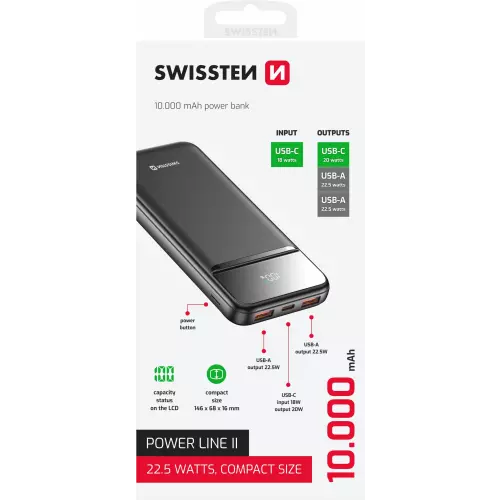 obrázek produktu SWISSTEN POWER BANK 10000 mAh POWER LINE II ČERNÁ