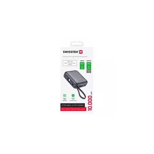 obrázek produktu SWISSTEN POWER BANK 10000 mAh S INTEGROVANÝMI KABELY  USB-C A LIGHTNING VESMÍRNĚ STŘÍBRNÁ