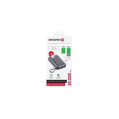 obrázek produktu SWISSTEN POWER BANK 20000 mAh 45W S INTEGROVANÝM KABELEM USB-C VESMÍRNĚ STŘÍBRNÁ  - stříbrná