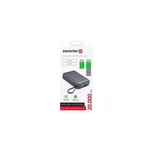 obrázek produktu SWISSTEN POWER BANK 20000 mAh S INTEGROVANÝMI KABELY USB-C A LIGHTNING VESMÍRNĚ STŘÍBRNÁ