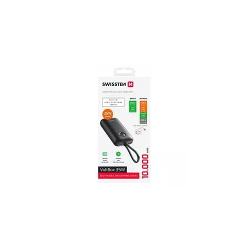 obrázek produktu SWISSTEN POWER BANK VOLTBOX 35W 10000 mAh S INTEGROVANÝMI KABELY USB-C A LIGHTNING ČERNÁ