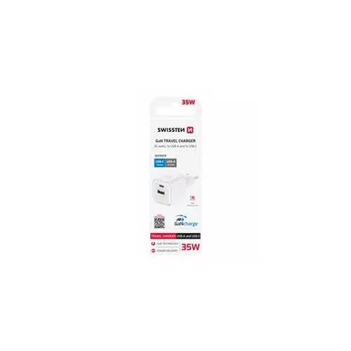 obrázek produktu SWISSTEN SÍŤOVÝ ADAPTÉR GaN 1x USB-C 35W PD + 1x USB-A 27W QC BÍLÝ