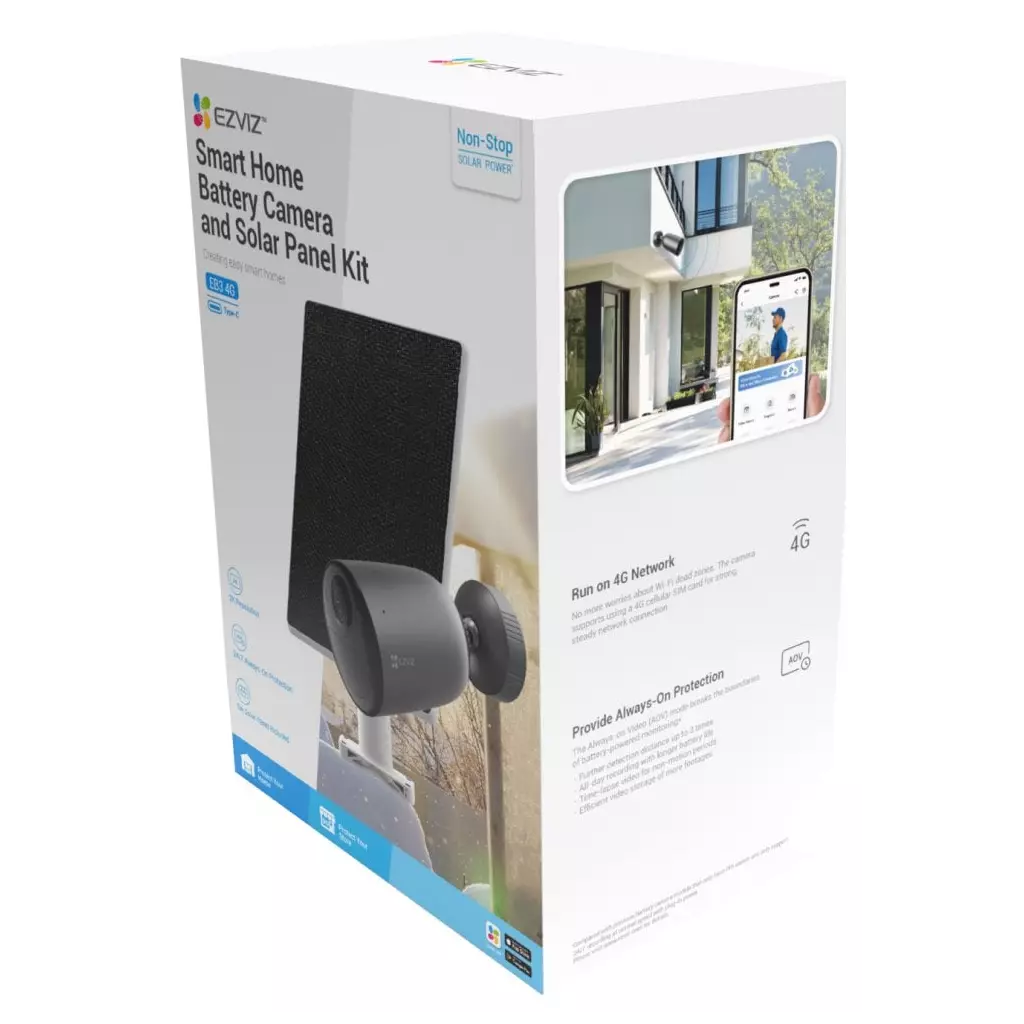 Obrázek produktu EZVIZ IP kamera EB3 4G kit/ bullet/ 4G/LTE/ 3Mpix/ krytí IP65/ objektiv 2,8 mm/ H.265/ IR až 15m/ šedá + solární panel C