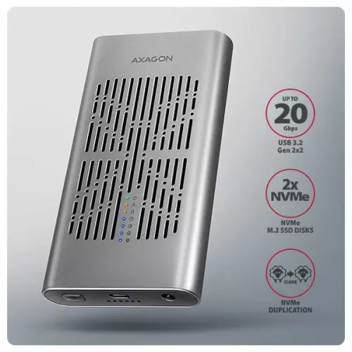 obrázek produktu AXAGON EEM2-20GD, USB-C 20Gbps externí box pro dva M.2 NVMe SSD s funkcí klonování
