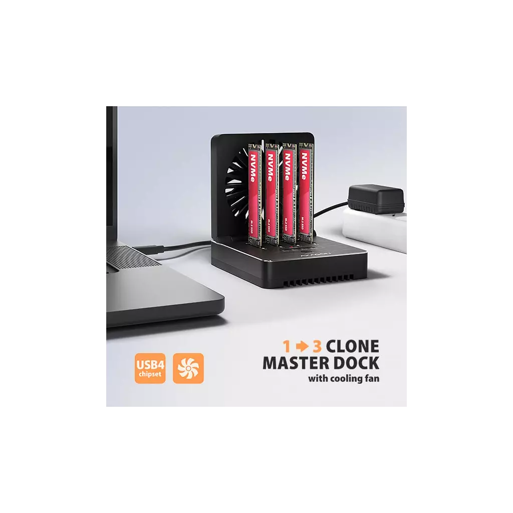Obrázek produktu AXAGON ADSA-M2C44, USB4 dokovací stanice pro 4× M.2 NVMe SSD s funkcí klonování