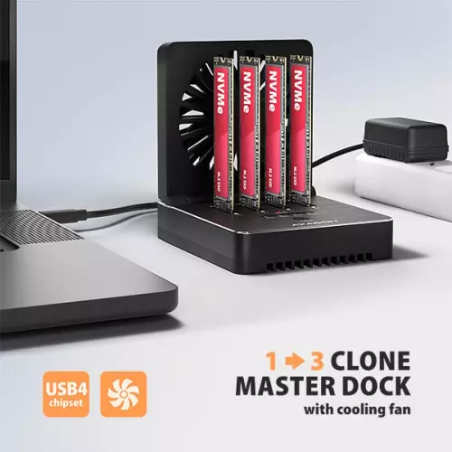 obrázek produktu AXAGON ADSA-M2C44, USB4 dokovací stanice pro 4× M.2 NVMe SSD s funkcí klonování