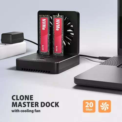obrázek produktu AXAGON ADSA-M2C22, USB-C 20Gbps dokovací stanice pro 2× M.2 NVMe/SATA SSD s funkcí klonování