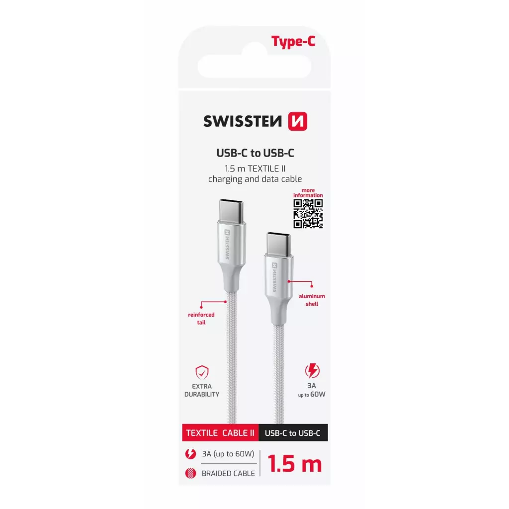 Obrázek produktu Swissten kabel Textile II USB-C / USB-C 1,5 m, bílý