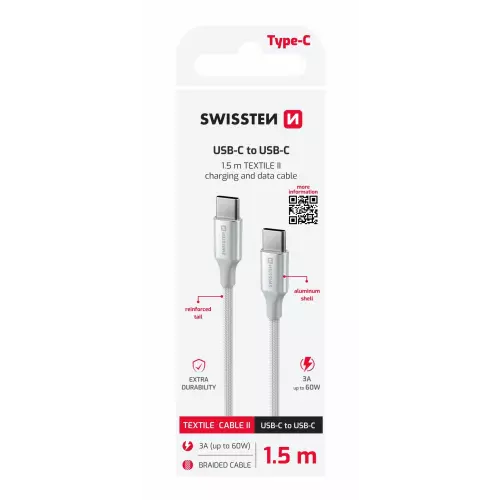 obrázek produktu Swissten kabel Textile II USB-C / USB-C 1,5 m, bílý