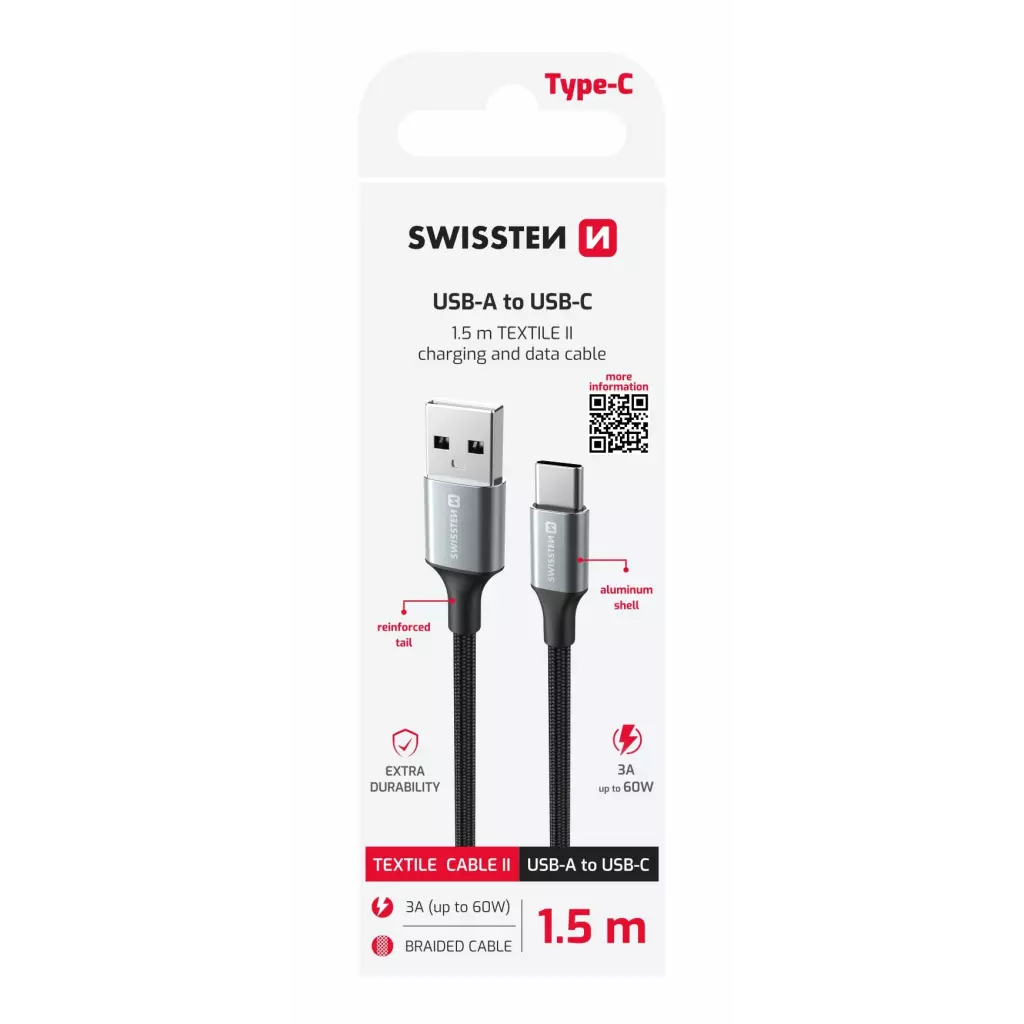 Obrázek produktu Swissten kabel Textile II USB / USB-C 1,5 m, černý