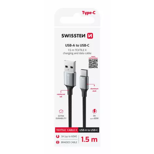 obrázek produktu Swissten kabel Textile II USB / USB-C 1,5 m, černý