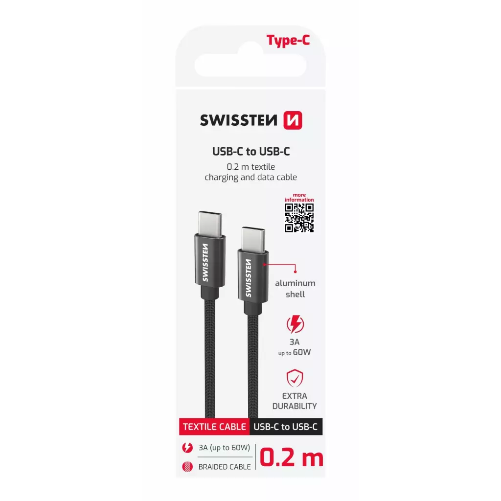Obrázek produktu Swissten kabel Textile USB-C / USB-C 0,2 m, černý