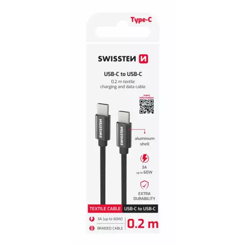 obrázek produktu Swissten kabel Textile USB-C / USB-C 0,2 m, černý