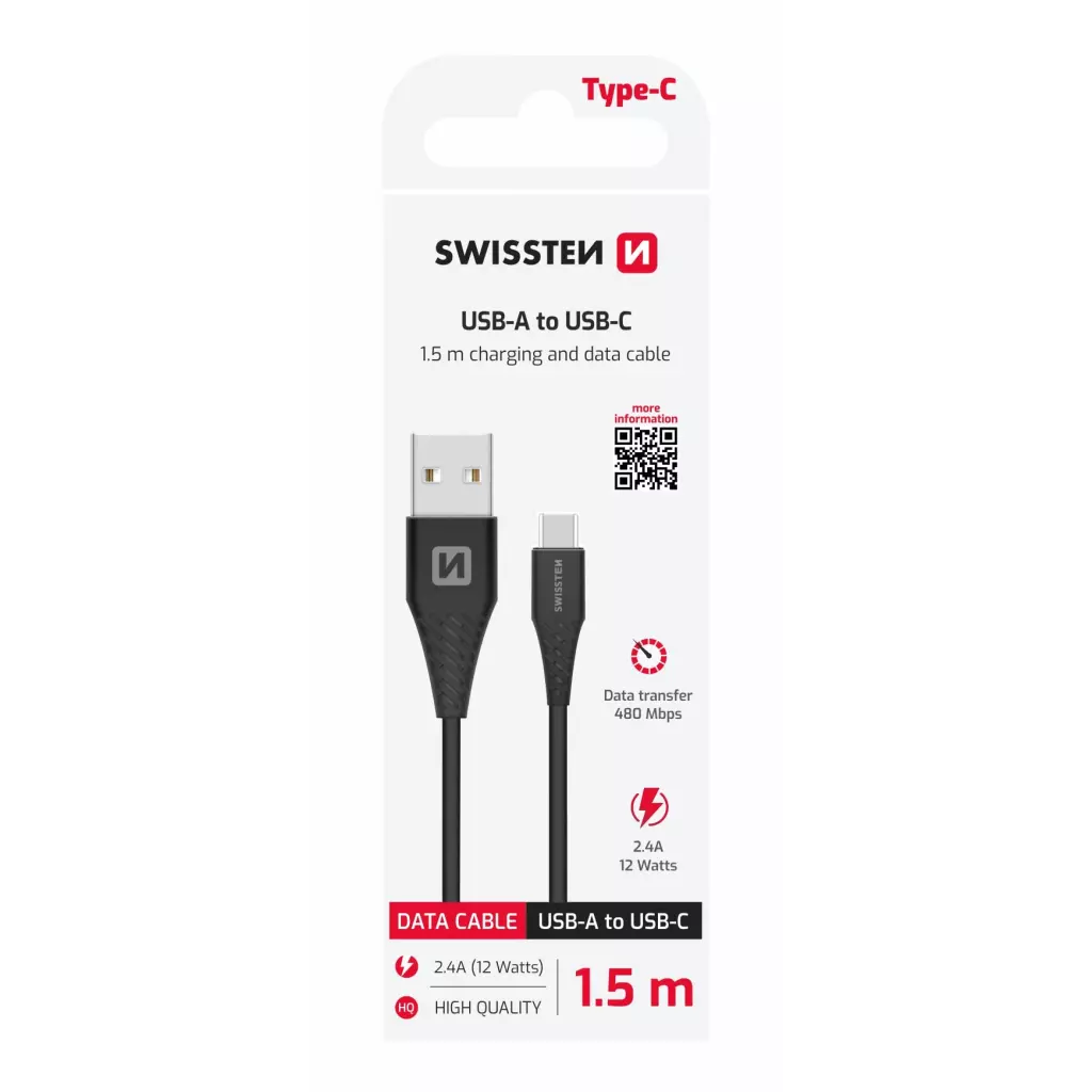 Obrázek produktu Swissten kabel USB / USB-C 1,5 m, černý