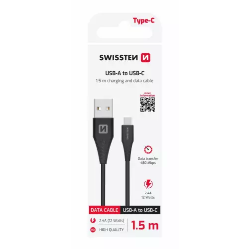 obrázek produktu Swissten kabel USB / USB-C 1,5 m, černý