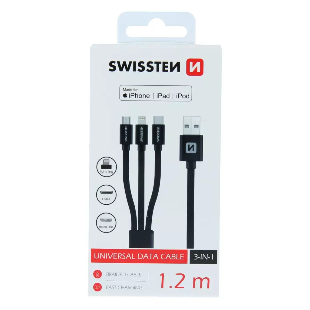 Obrázek produktu Swissten kabel Textile 3in1 MFi 1,2 m, černý