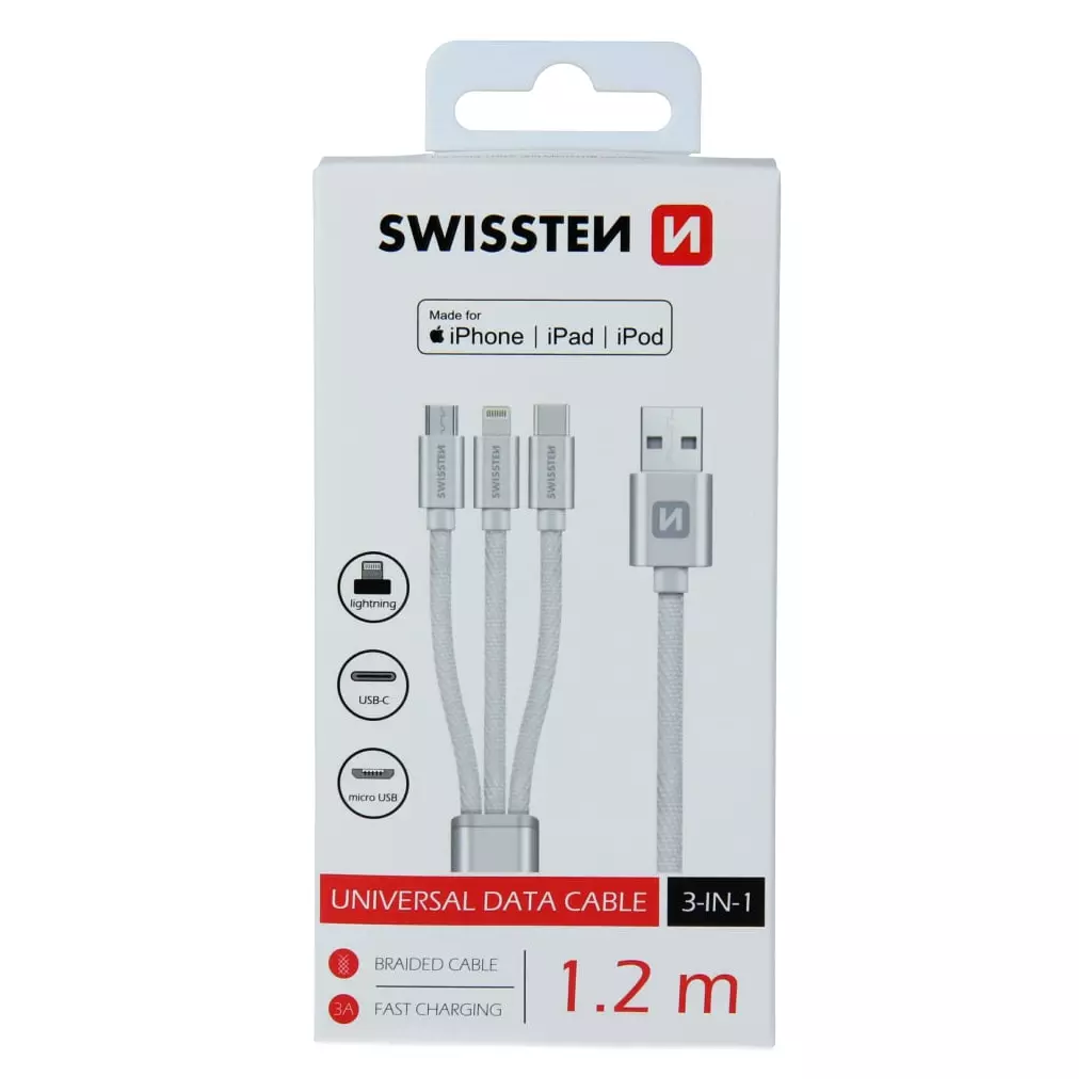 Obrázek produktu Swissten kabel Textile 3in1 MFi 1,2 m, stříbrný