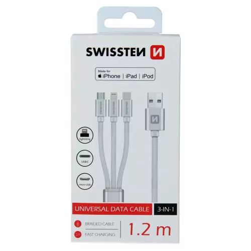 obrázek produktu Swissten kabel Textile 3in1 MFi 1,2 m, stříbrný