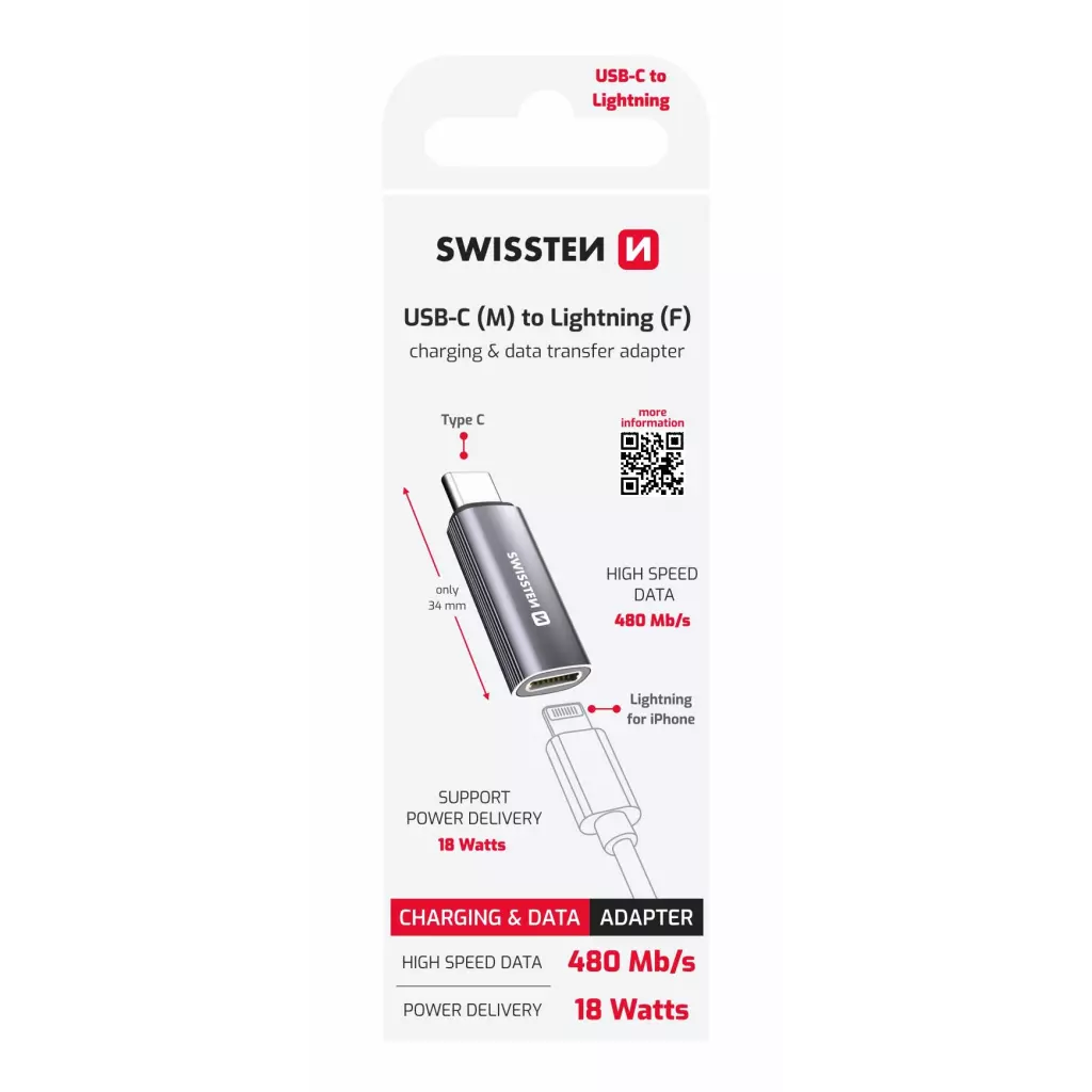 Obrázek produktu Swissten adaptér USB-C / Lightning, stříbrný