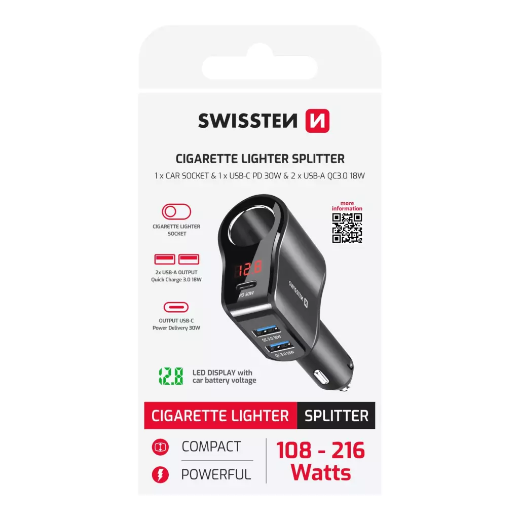 Obrázek produktu Swissten auto adaptér CL + USB-C + USB-A, 108–216 W