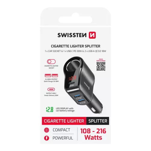 obrázek produktu Swissten auto adaptér CL + USB-C + USB-A, 108–216 W