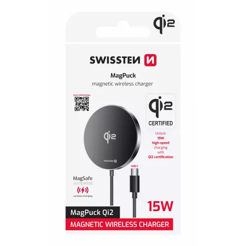 obrázek produktu Swissten bezdrátová nabíječka MagPuck Qi2, 1,5 m