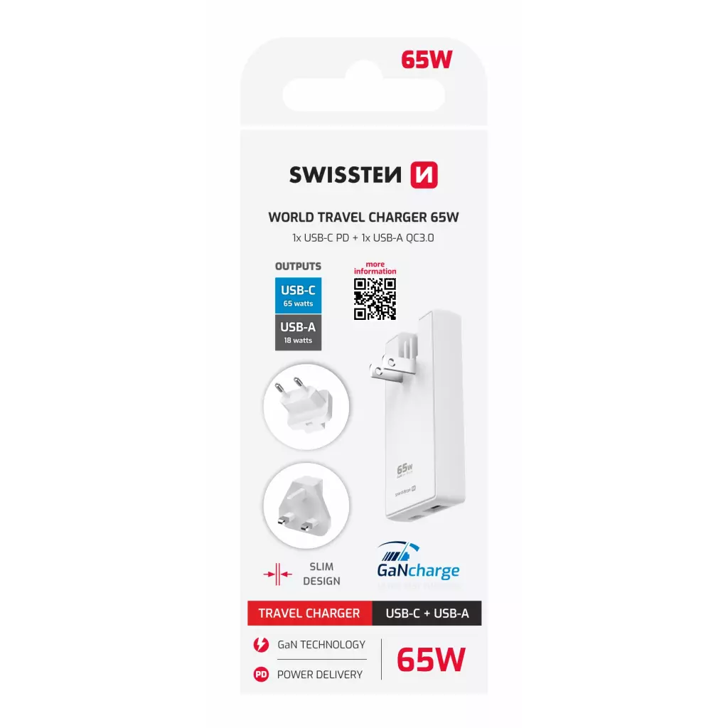 Obrázek produktu Swissten cestovní adaptér GaN 65 W, bílý