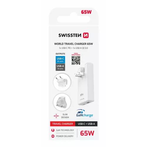 obrázek produktu Swissten cestovní adaptér GaN 65 W, bílý