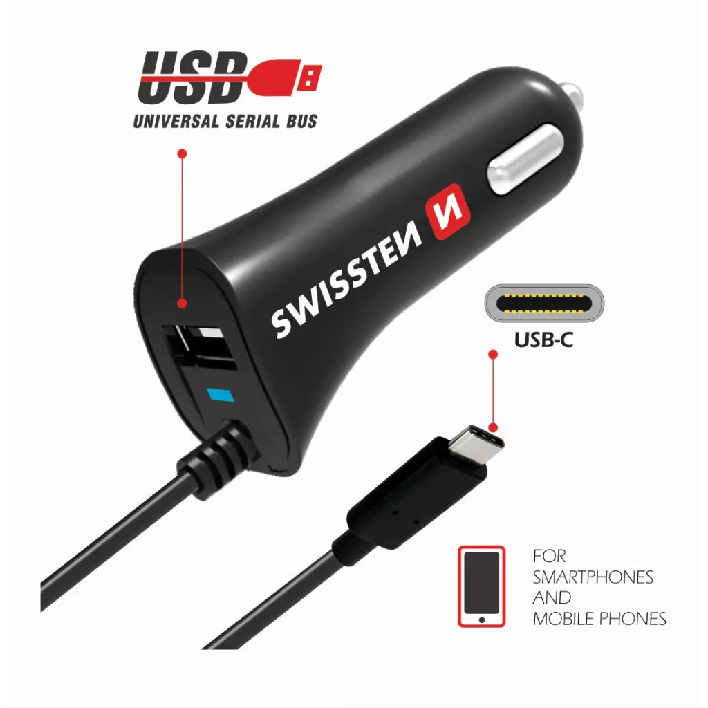 Obrázek produktu Swissten CL autonabíječka USB-C + USB, černý